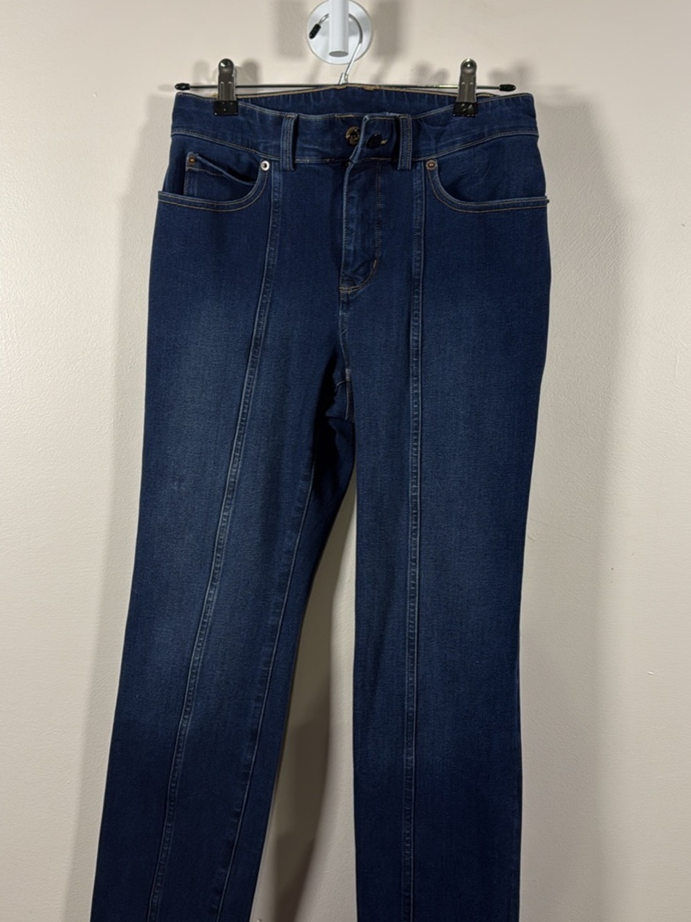 Duluth Trading Co Dark Indigo Denim Jeans with Gold Stitching